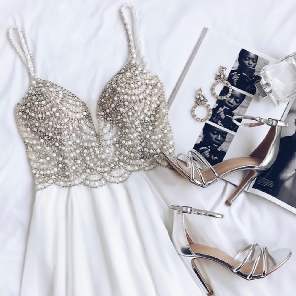 Lulus True Love White Beaded Rhinestone Maxi Dress